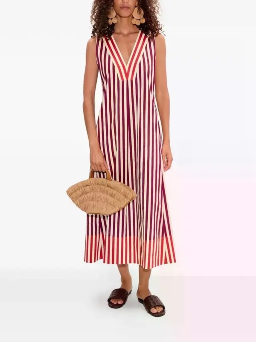 Simon Miller Sleeveless V-Neck Striped Maxi Dress in Burgundy and Cream
